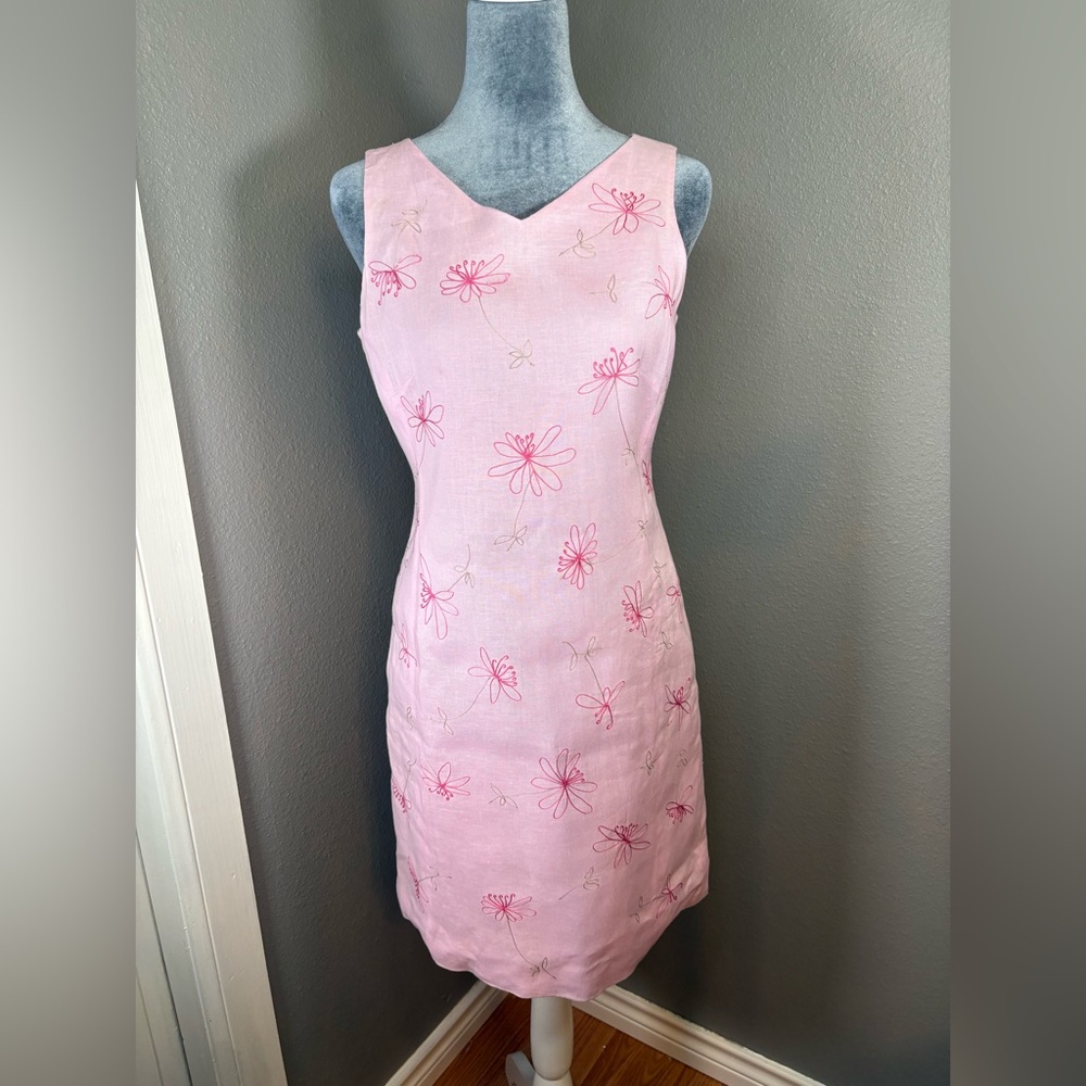LOFT 100% Linen Pink Dress Dainty Flowers Embroidery Size 4P